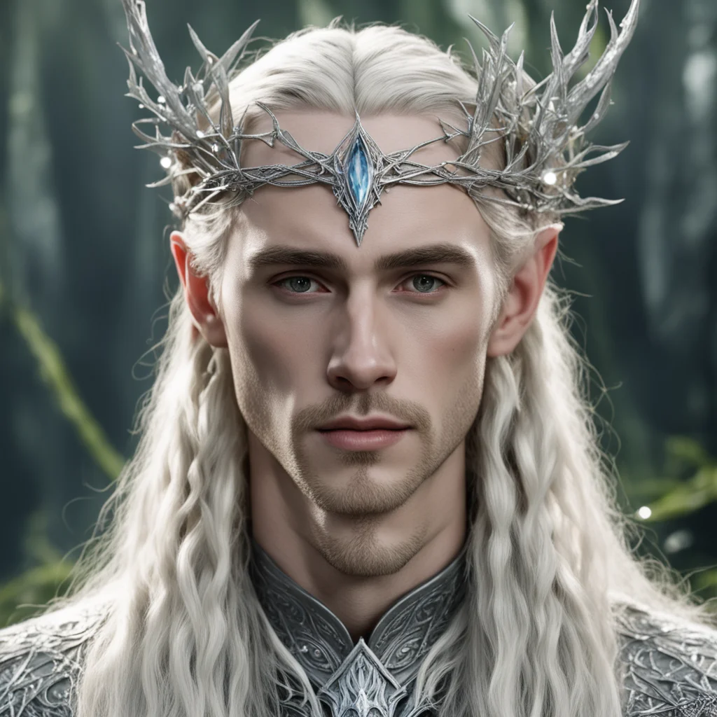tolkien king thranduil with blond hair and braids with silver twigs encrusted with diamonds to form a silver sindarin elvish circlet with large center diamond  amazing awesome portrait 2