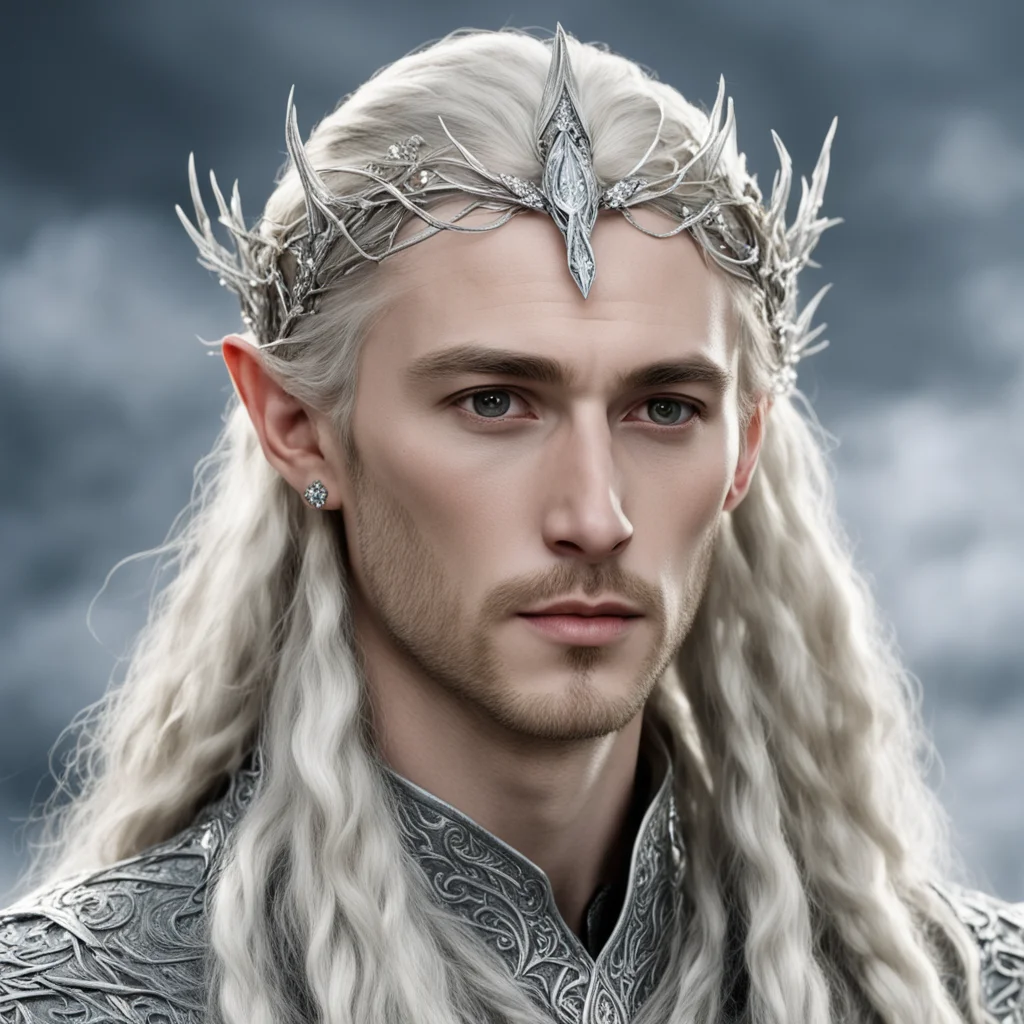 tolkien king thranduil with blond hair and braids with silver twigs encrusted with diamonds to form a silver sindarin elvish circlet with large center diamond  confident engaging wow artstation art 