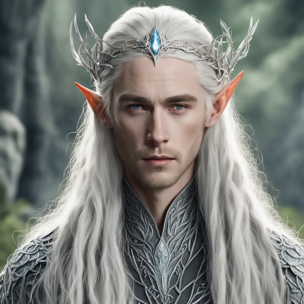 aitolkien king thranduil with blond hair and braids with silver twigs encrusted with diamonds to form a silver sindarin elvish circlet with large center diamond  good looking trending fantastic 1