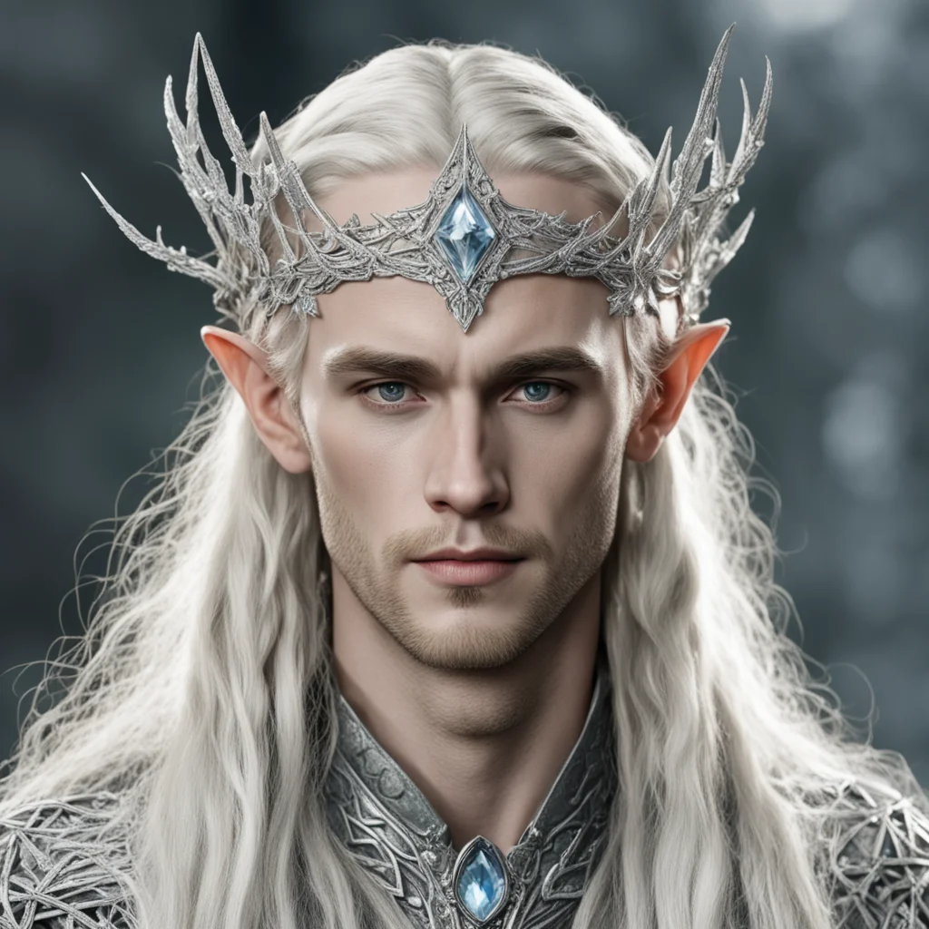 aitolkien king thranduil with blond hair and braids with silver twigs encrusted with diamonds to form a silver sindarin elvish circlet with large center diamond 