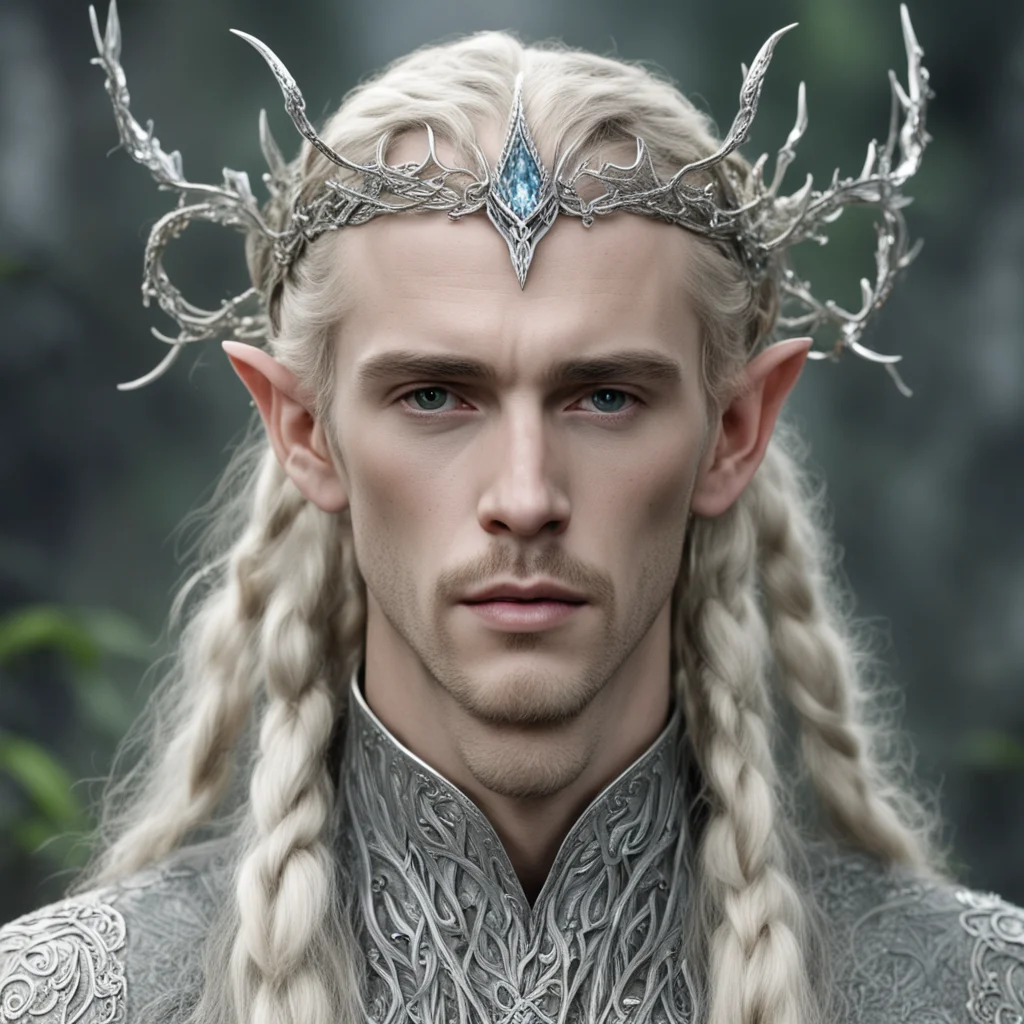 aitolkien king thranduil with blond hair and braids with small silver leafy vines encrusted with diamonds to form a silver serpentine elvish circlet with large center diamond