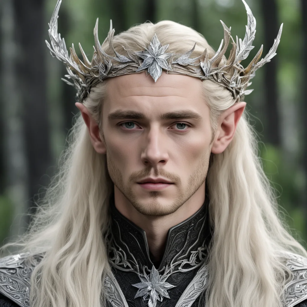 aitolkien king thranduil with blond hair wearing silver oak leaf elven circlet with diamonds with large center diamond  confident engaging wow artstation art 3