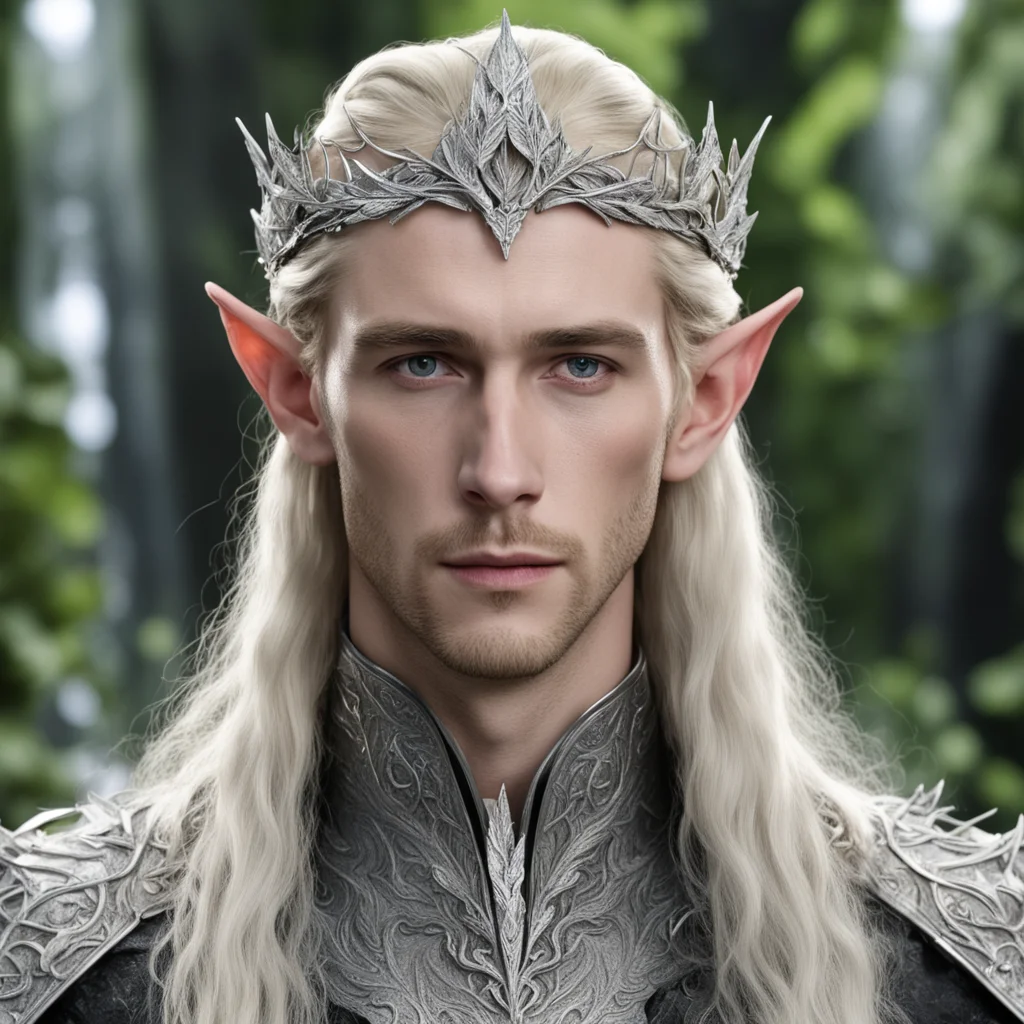 aitolkien king thranduil with blond hair wearing silver oak leaf elven circlet with diamonds with large center diamond  good looking trending fantastic 1