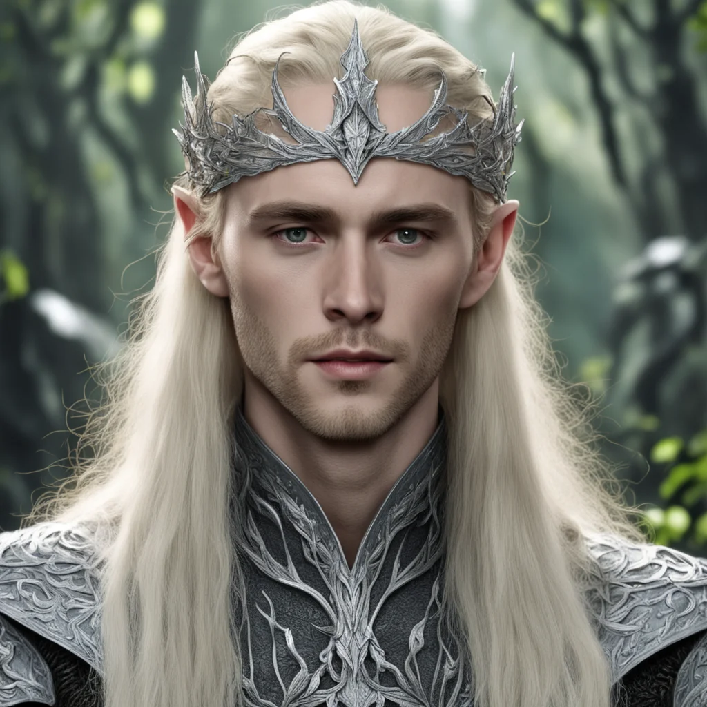 tolkien king thranduil with blond hair wearing silver oak leaf elven circlet with diamonds with large center diamond 