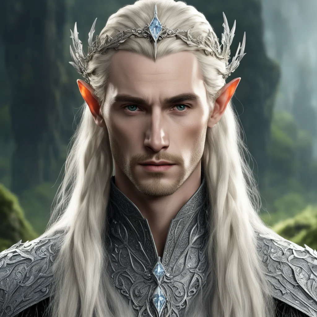 tolkien king thranduil with blond hair with braids wearing silver flower elvish circlet encrusted with diamonds with large center diamond good looking trending fantastic 1