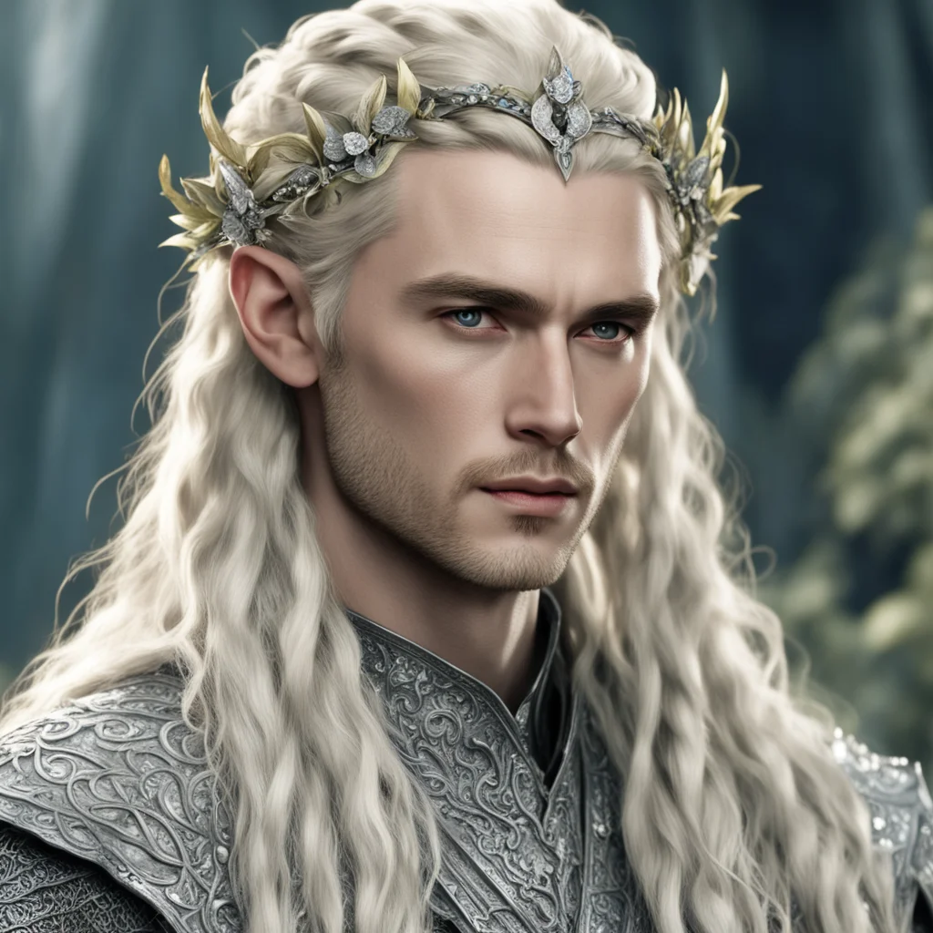 aitolkien king thranduil with blond hair with braids wearing silver flower elvish circlet encrusted with diamonds