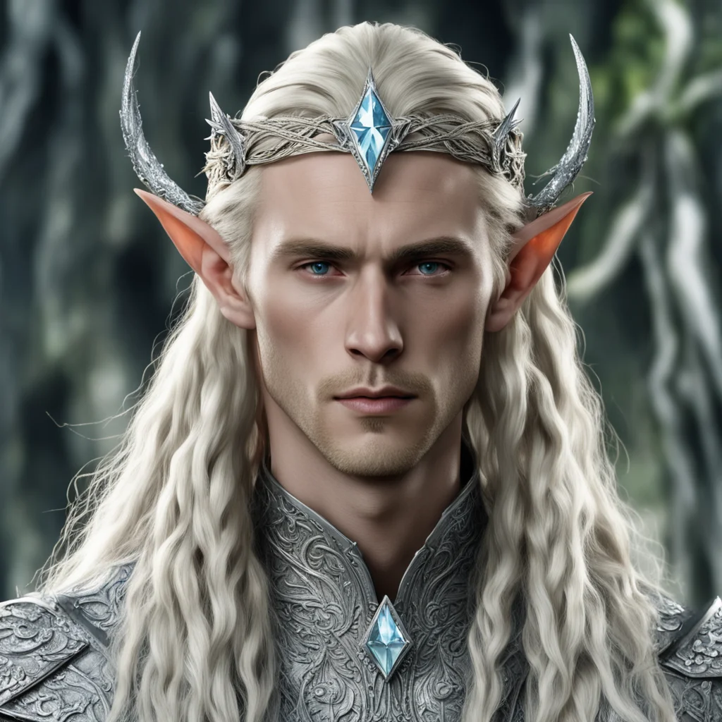 tolkien king thranduil with blond hair with braids wearing silver wood elf circlet encrusted with diamonds with large diamond in the center amazing awesome portrait 2