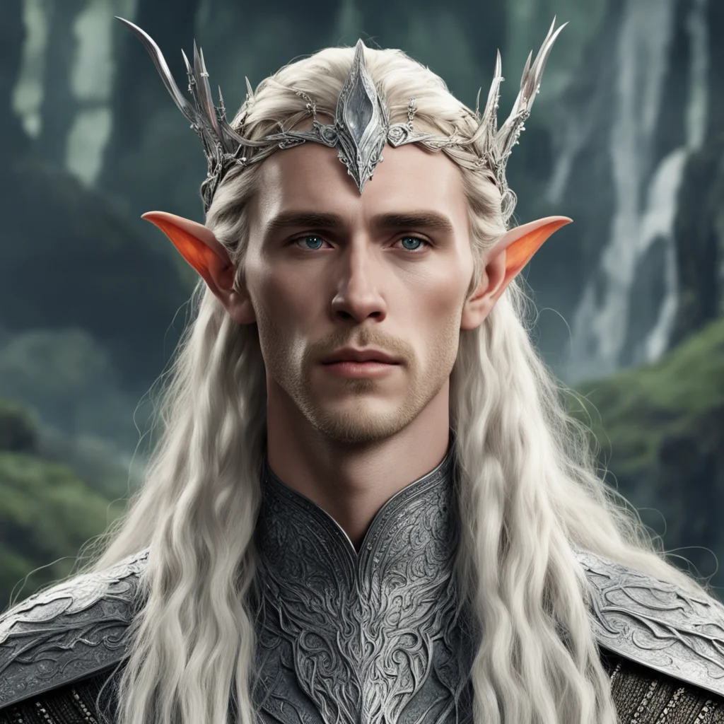 tolkien king thranduil with blond hair with braids wearing silver wood elf circlet encrusted with diamonds with large diamond in the center confident engaging wow artstation art 3