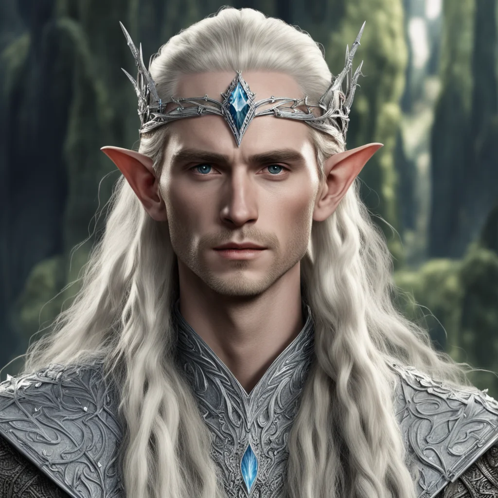aitolkien king thranduil with blond hair with braids wearing silver wood elf circlet encrusted with diamonds with large diamond in the center good looking trending fantastic 1