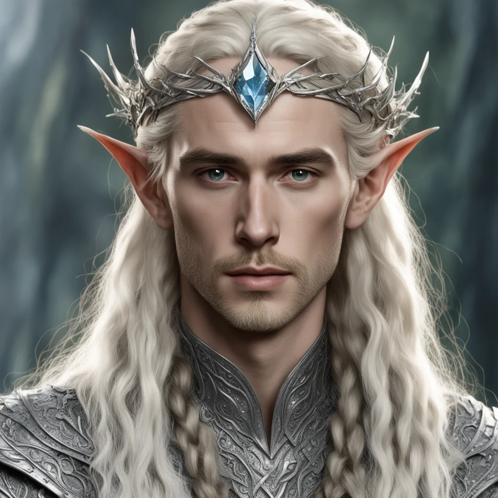 aitolkien king thranduil with blond hair with braids wearing silver wood elf circlet encrusted with diamonds with large diamond in the center