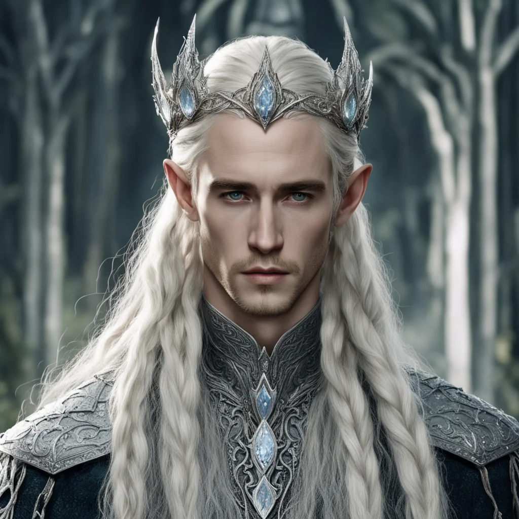 tolkien king thranduil with blonde hair and braids wearing silver elvish circlet encrusted with diamonds with large center circular diamond amazing awesome portrait 2