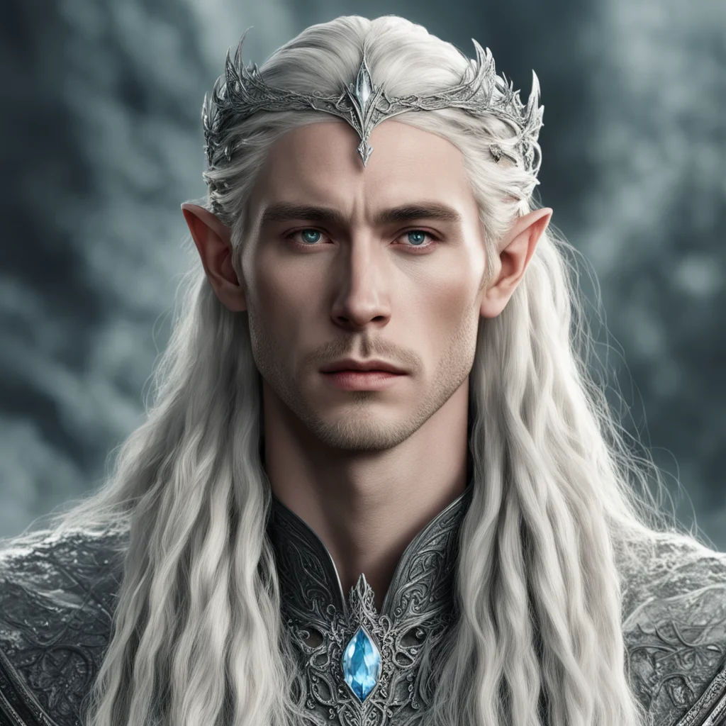 tolkien king thranduil with blonde hair and braids wearing silver elvish circlet encrusted with diamonds with large center circular diamond confident engaging wow artstation art 3
