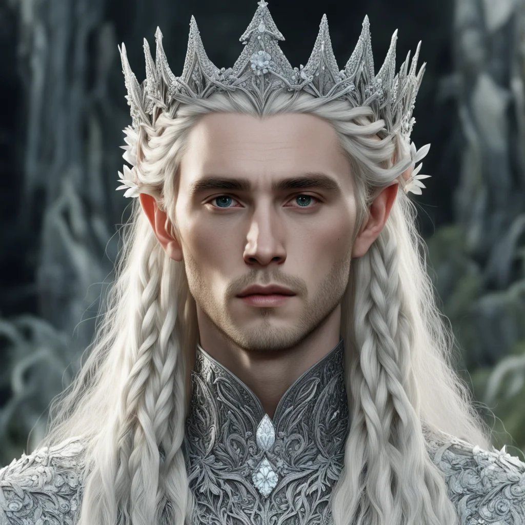 aitolkien king thranduil with blonde hair and braids wearing silver flowers encrusted with diamonds forming a silver elvish crown with large center diamond  amazing awesome portrait 2