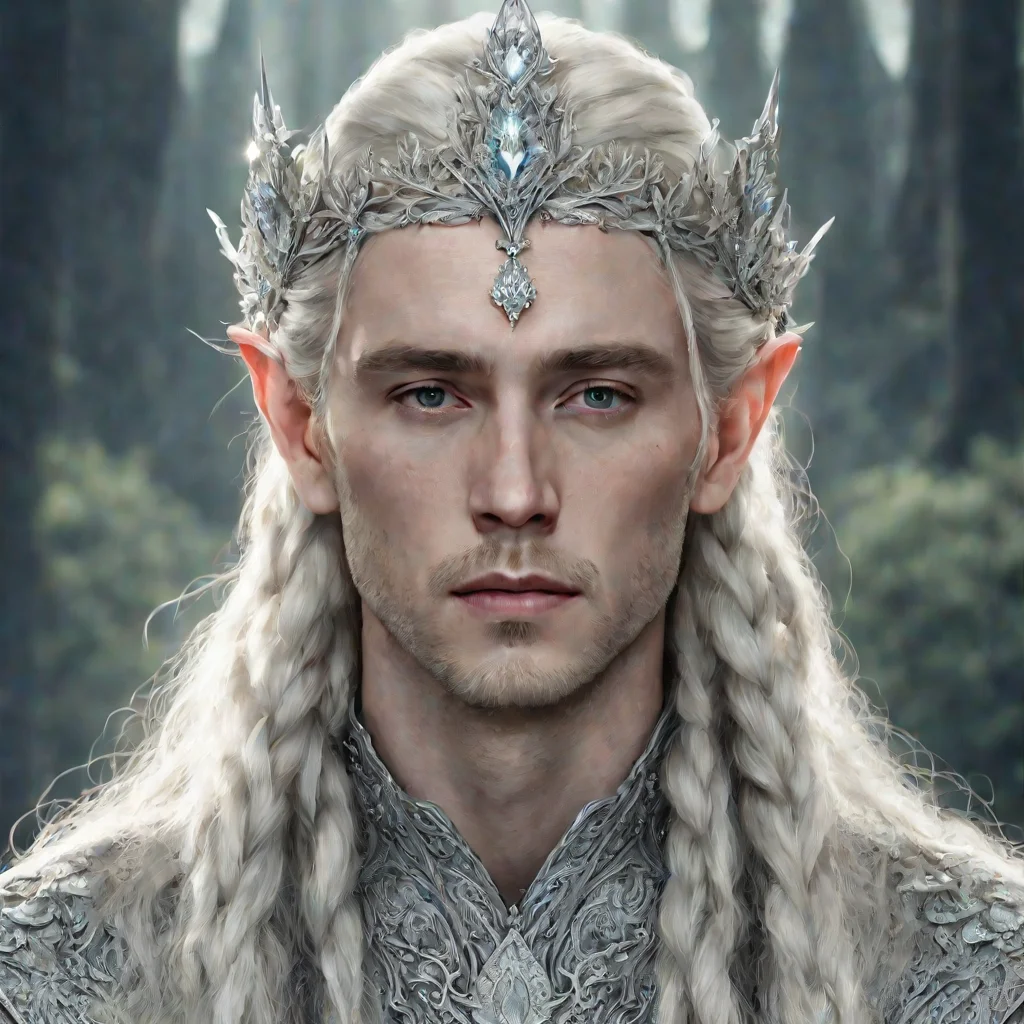 aitolkien king thranduil with blonde hair and braids wearing silver flowers encrusted with diamonds forming a silver elvish crown with large center diamond  good looking trending fantastic 1