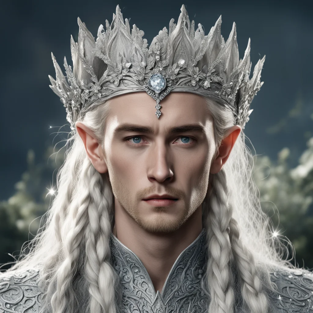 aitolkien king thranduil with blonde hair and braids wearing silver flowers encrusted with diamonds forming a silver elvish crown with large center diamond 