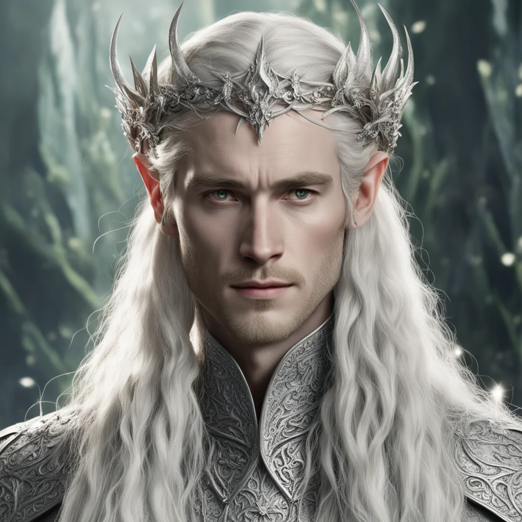 tolkien king thranduil with blonde hair and braids wearing silver flowers encrusted with diamonds forming a silver serpentine elvish circlet encrusted with diamonds with large center diamond  amazin