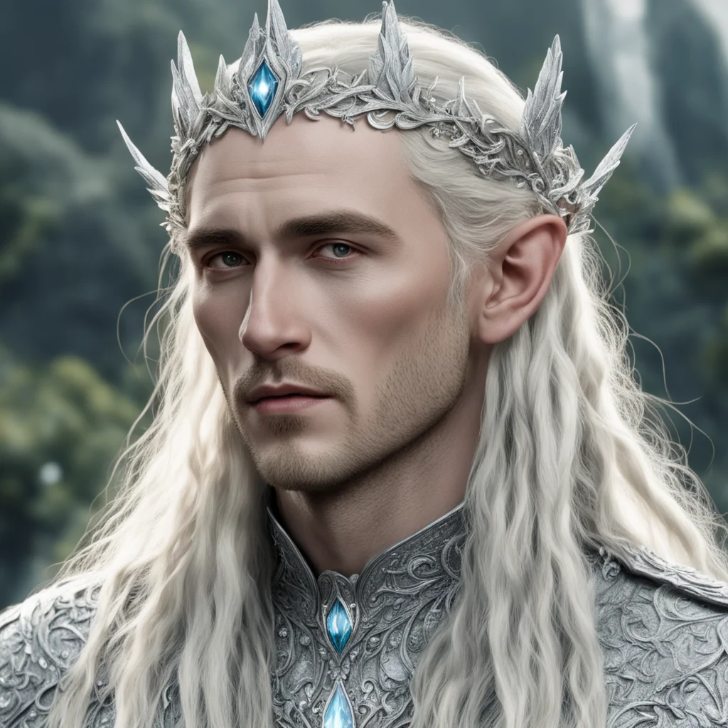 tolkien king thranduil with blonde hair and braids wearing silver holly encrusted with diamonds and large diamond clusters forming a silver elvish circlet with large center diamond  good looking tre