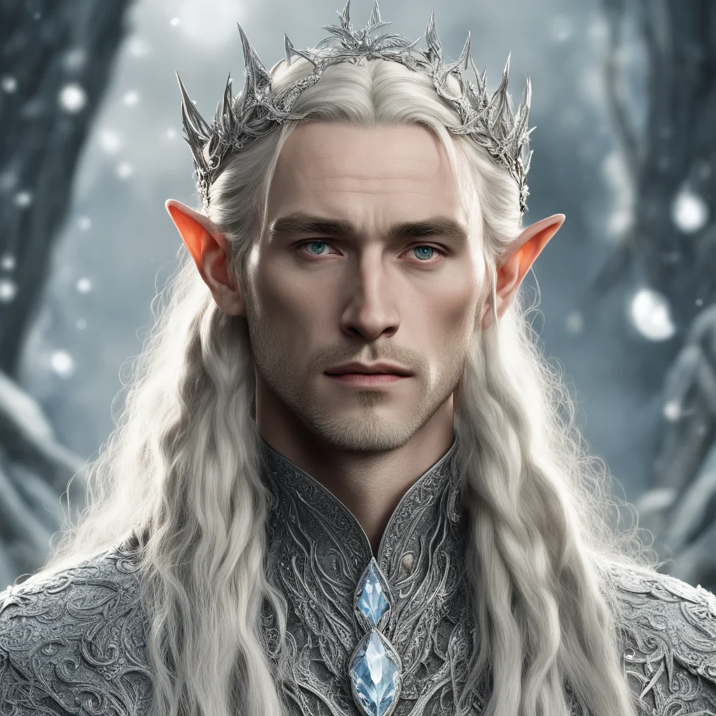aitolkien king thranduil with blonde hair and braids wearing silver holly encrusted with diamonds and large diamond clusters forming a silver elvish circlet with large center diamond 