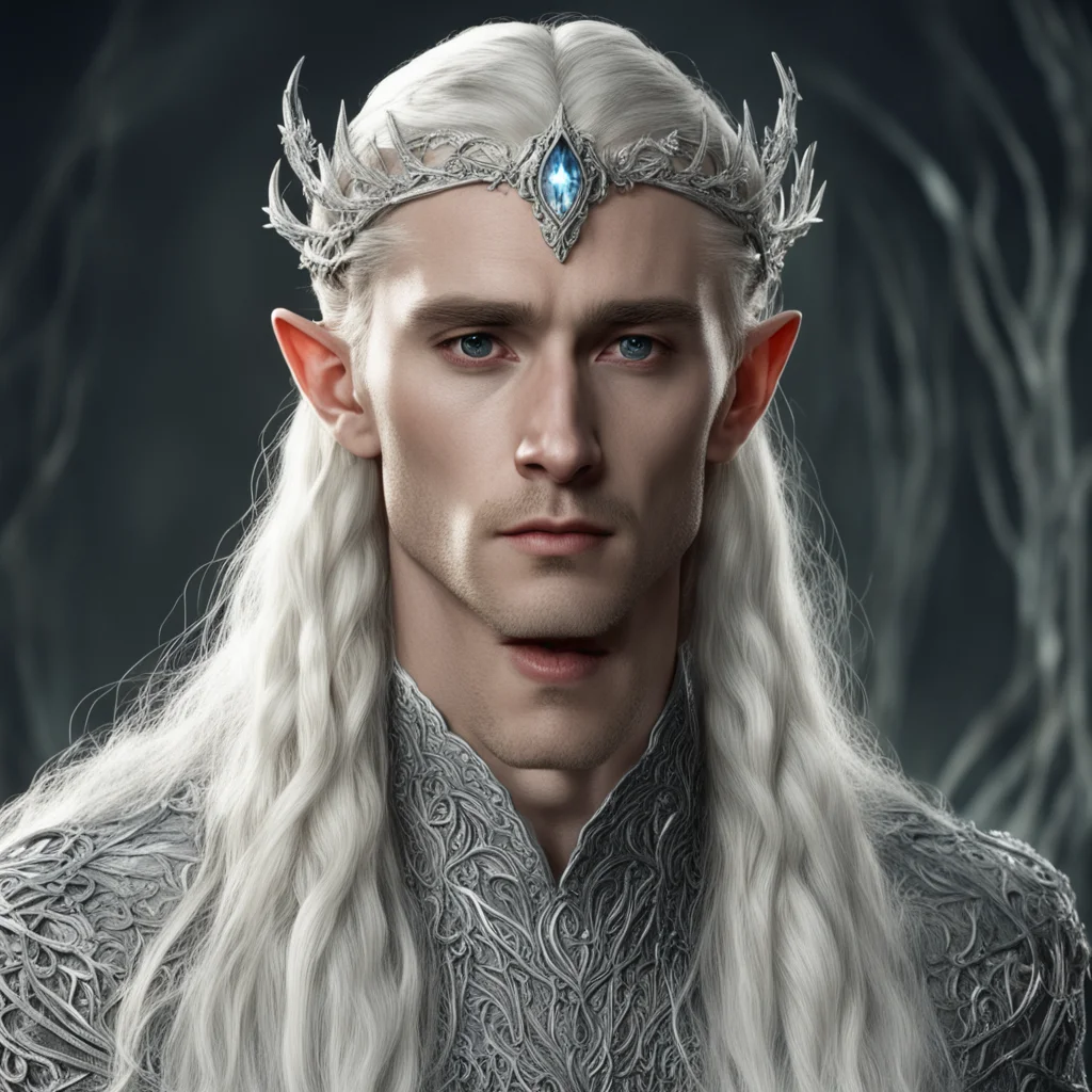 aitolkien king thranduil with blonde hair and braids wearing silver ivy encrusted with diamonds to form a silver elvish circlet with large center circular diamond  amazing awesome portrait 2