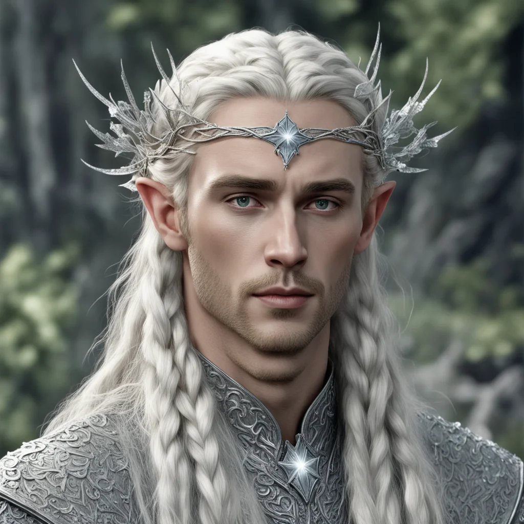 tolkien king thranduil with blonde hair and braids wearing silver ivy encrusted with diamonds to form a silver elvish circlet with large center circular diamond  good looking trending fantastic 1.we