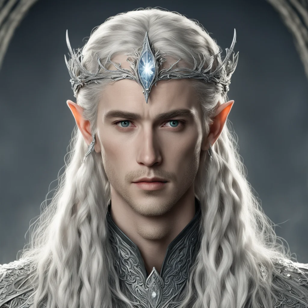 aitolkien king thranduil with blonde hair and braids wearing silver ivy encrusted with diamonds to form a silver elvish circlet with large center circular diamond 