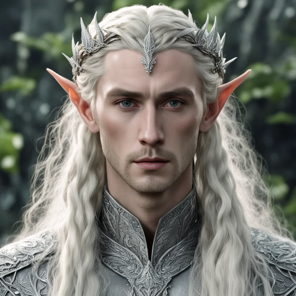 tolkien king thranduil with blonde hair and braids wearing silver laurel leaf elvish circlet heavily encrusted with diamonds with large center circular diamond confident engaging wow artstation art 