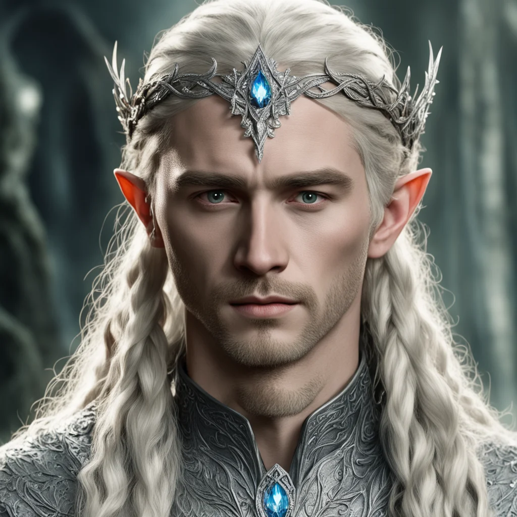 aitolkien king thranduil with blonde hair and braids wearing silver laurel leaf elvish circlet heavily encrusted with diamonds with large center circular diamond good looking trending fantastic 1