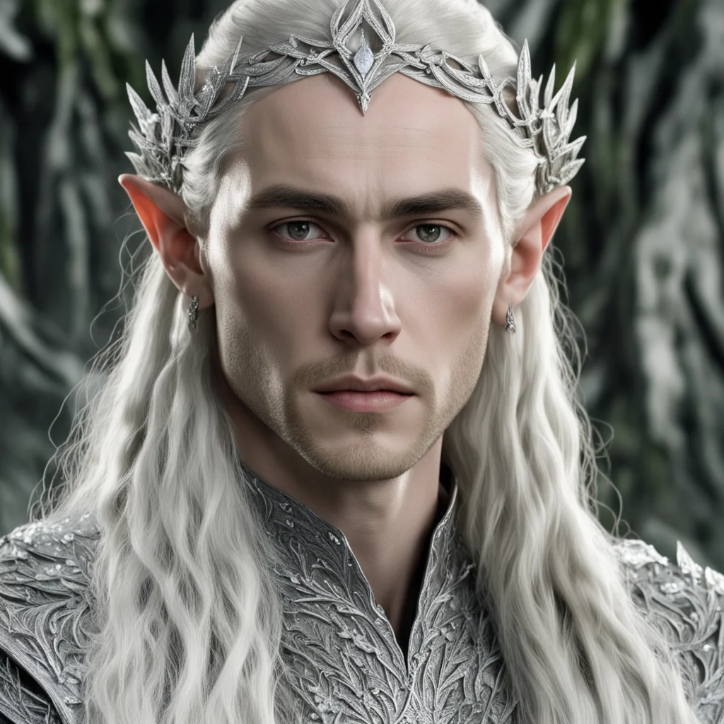 tolkien king thranduil with blonde hair and braids wearing silver laurel leaf encrusted with diamonds with clusters of large diamonds forming a silver elvish circlet encrusted with diamonds with lar