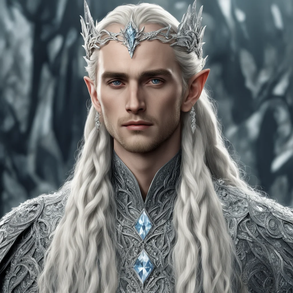 tolkien king thranduil with blonde hair and braids wearing silver laurel leaf encrusted with diamonds with clusters of large diamonds forming a silver elvish circlet with large center diamond amazin