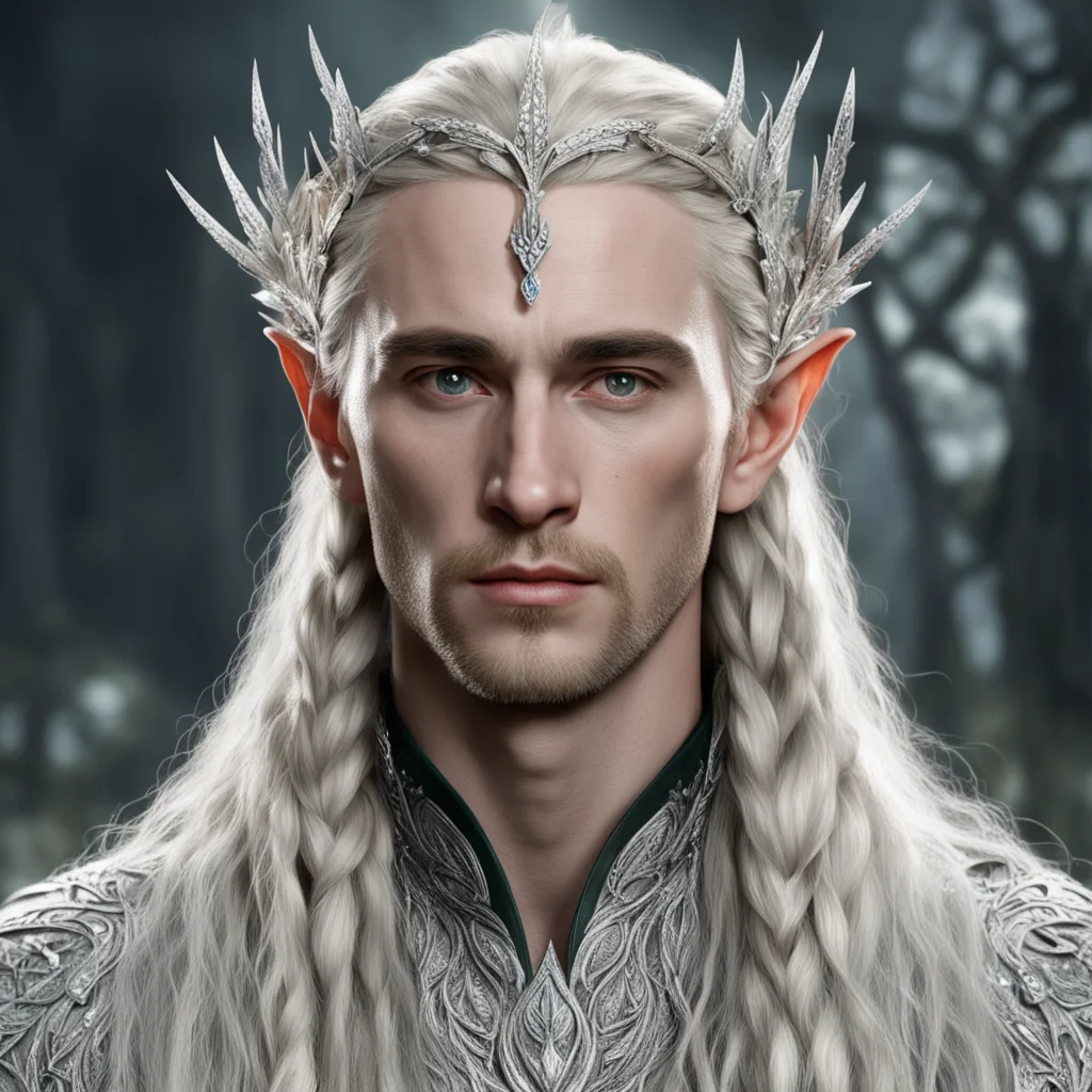 tolkien king thranduil with blonde hair and braids wearing silver laurel leaf encrusted with diamonds with clusters of large diamonds forming a silver elvish circlet with large center diamond good l
