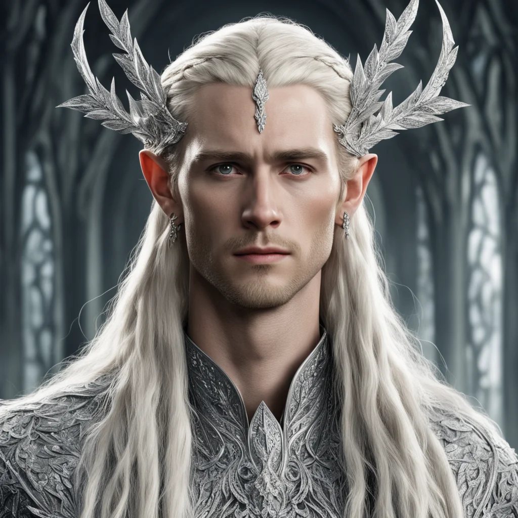 aitolkien king thranduil with blonde hair and braids wearing silver laurel leaf encrusted with diamonds with clusters of large diamonds forming a silver elvish circlet with large center diamond