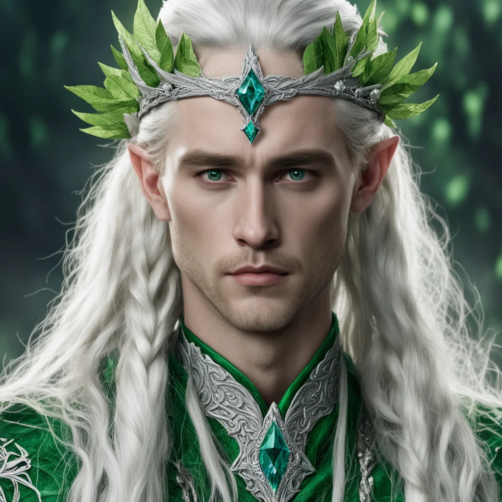 tolkien king thranduil with blonde hair and braids wearing silver leaves encrusted with diamonds forming a silver elvish circlet with large green center diamond  good looking trending fantastic 1.we
