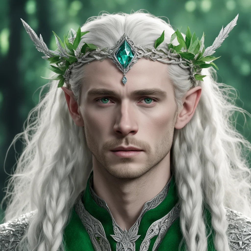 tolkien king thranduil with blonde hair and braids wearing silver leaves encrusted with diamonds forming a silver elvish circlet with large green center diamond 