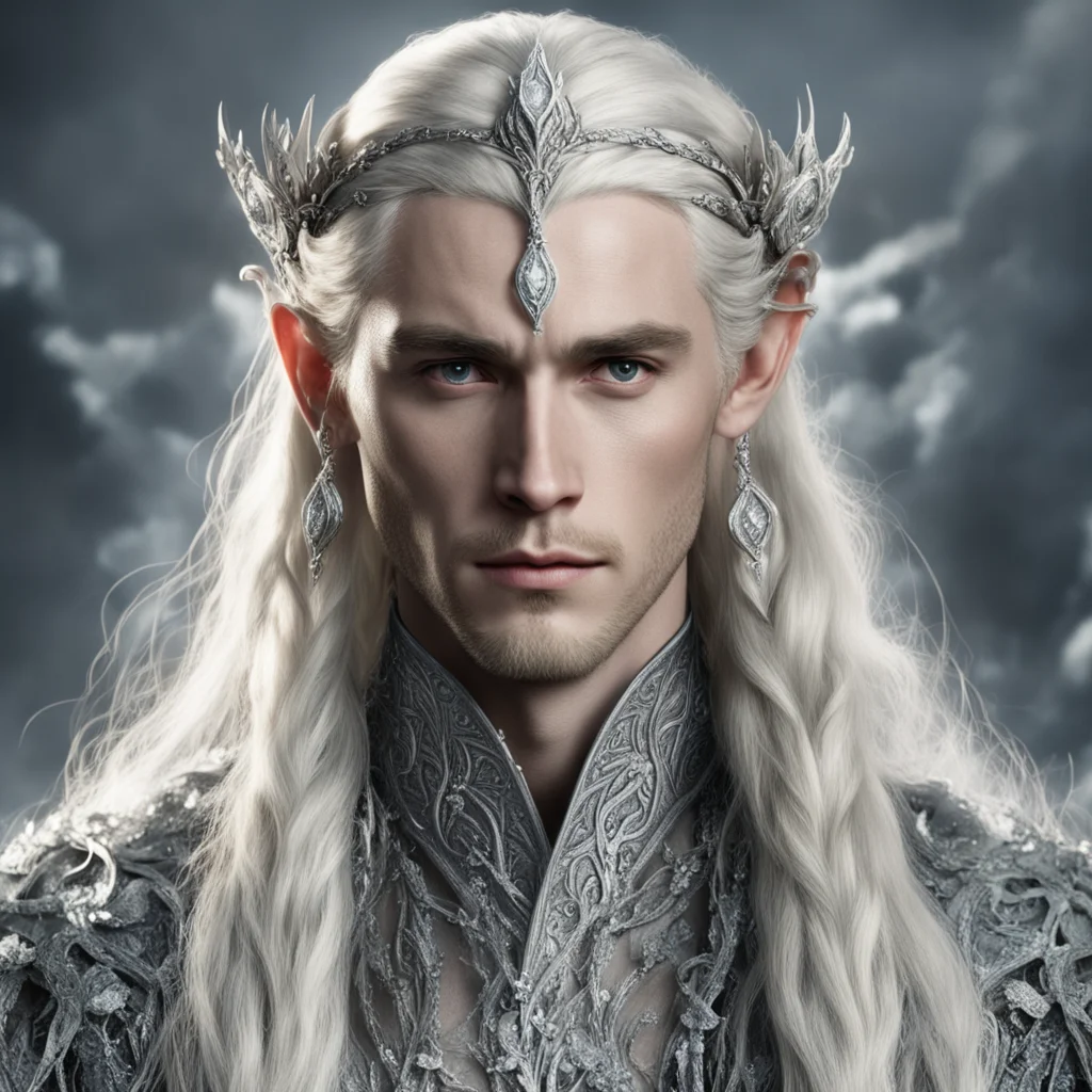 tolkien king thranduil with blonde hair and braids wearing silver roses encrusted with diamonds forming a silver serpentine elvish circlet encrusted with diamonds with large center diamond good look