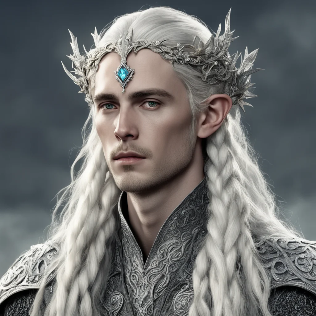tolkien king thranduil with blonde hair and braids wearing silver roses encrusted with diamonds forming a silver serpentine elvish circlet encrusted with diamonds with large center diamond