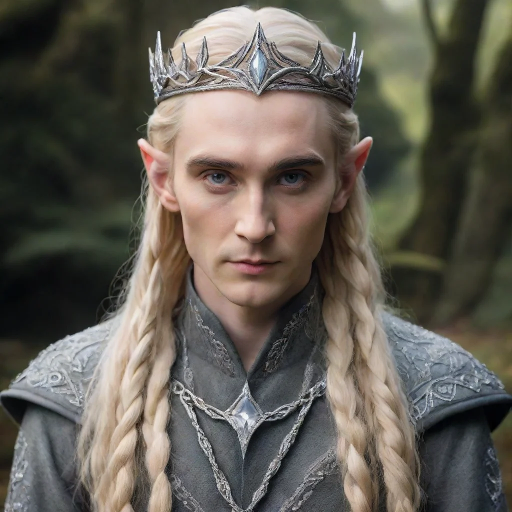 aitolkien king thranduil with blonde hair and braids wearing silver serpentine elvish circlet encrusted with diamonds with large center diamond 