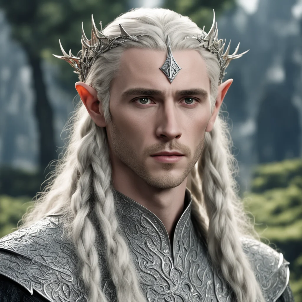 tolkien king thranduil with blonde hair and braids wearing silver serpentine elvish circlet encrusted with diamonds with large center diamond good looking trending fantastic 1