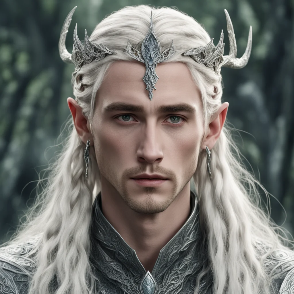 aitolkien king thranduil with blonde hair and braids wearing silver serpentine sindarin elvish circlet encrusted with diamonds with large center diamond  amazing awesome portrait 2