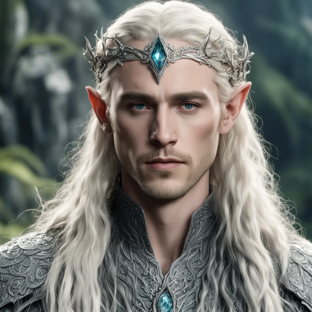 aitolkien king thranduil with blonde hair and braids wearing silver serpentine sindarin elvish circlet encrusted with diamonds with large center diamond amazing awesome portrait 2