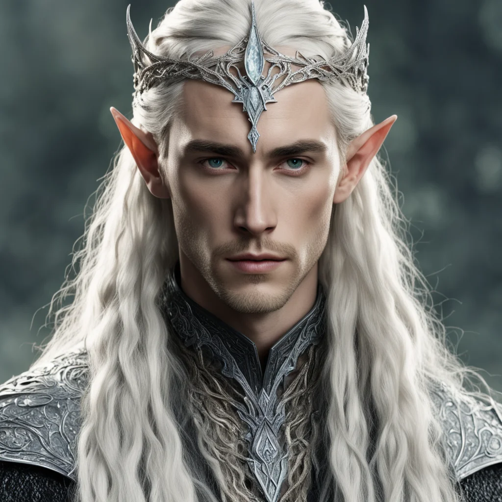 aitolkien king thranduil with blonde hair and braids wearing silver serpentine sindarin elvish circlet encrusted with diamonds with large center diamond