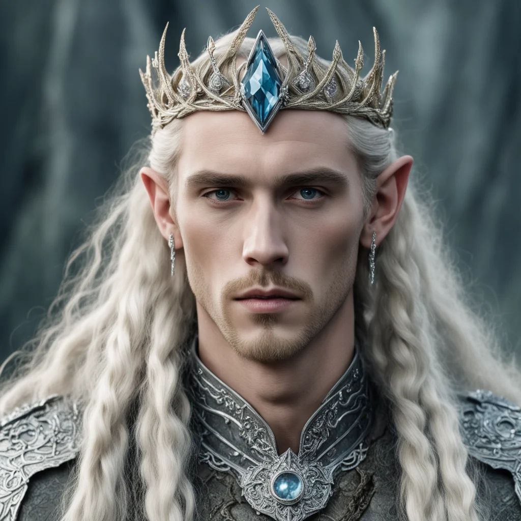 aitolkien king thranduil with blonde hair and braids wearing silver serpentine sindarin elvish coronet encrusted with diamonds with large center diamond amazing awesome portrait 2
