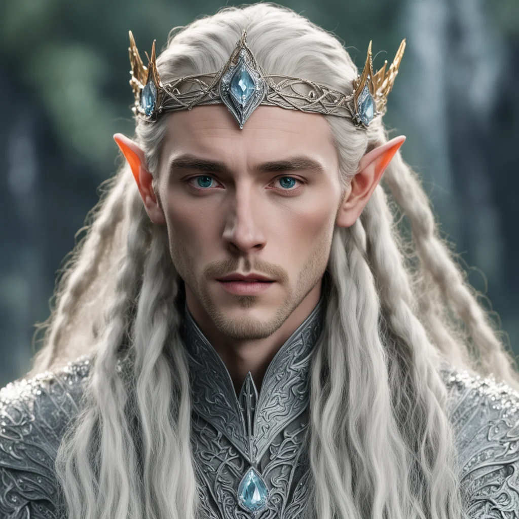 tolkien king thranduil with blonde hair and braids wearing silver serpentine sindarin elvish coronet encrusted with diamonds with large center diamond