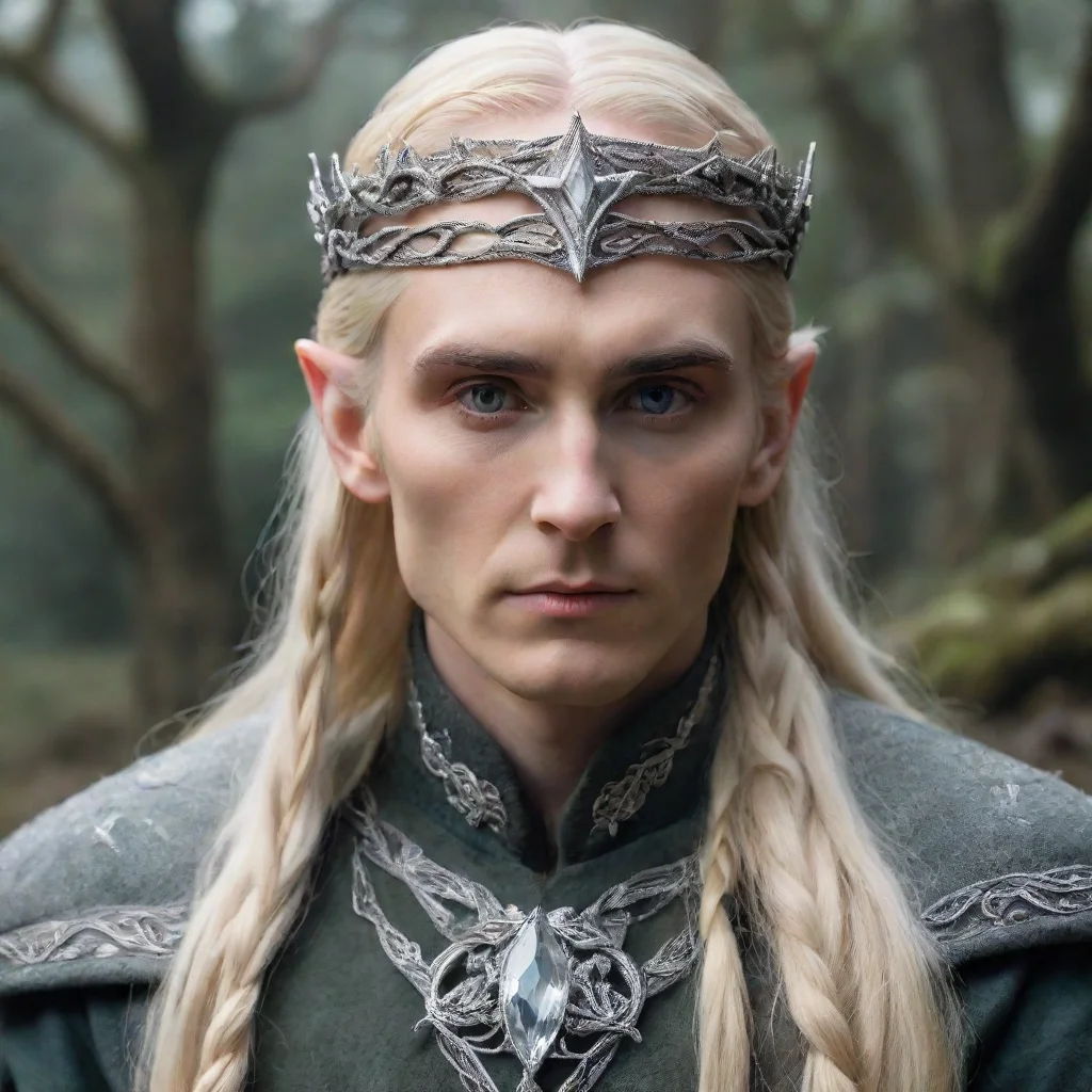 aitolkien king thranduil with blonde hair and braids wearing silver twisted serpentine elvish circlet encrusted with diamonds with large center diamond 