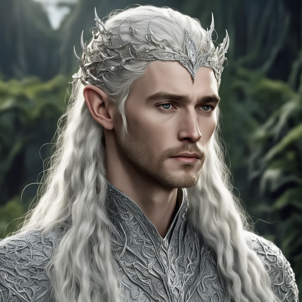 tolkien king thranduil with blonde hair and braids wearing silver vines encrusted with diamonds with clusters of diamonds forming a silver serpentine elvish circlet with large center diamond  amazin