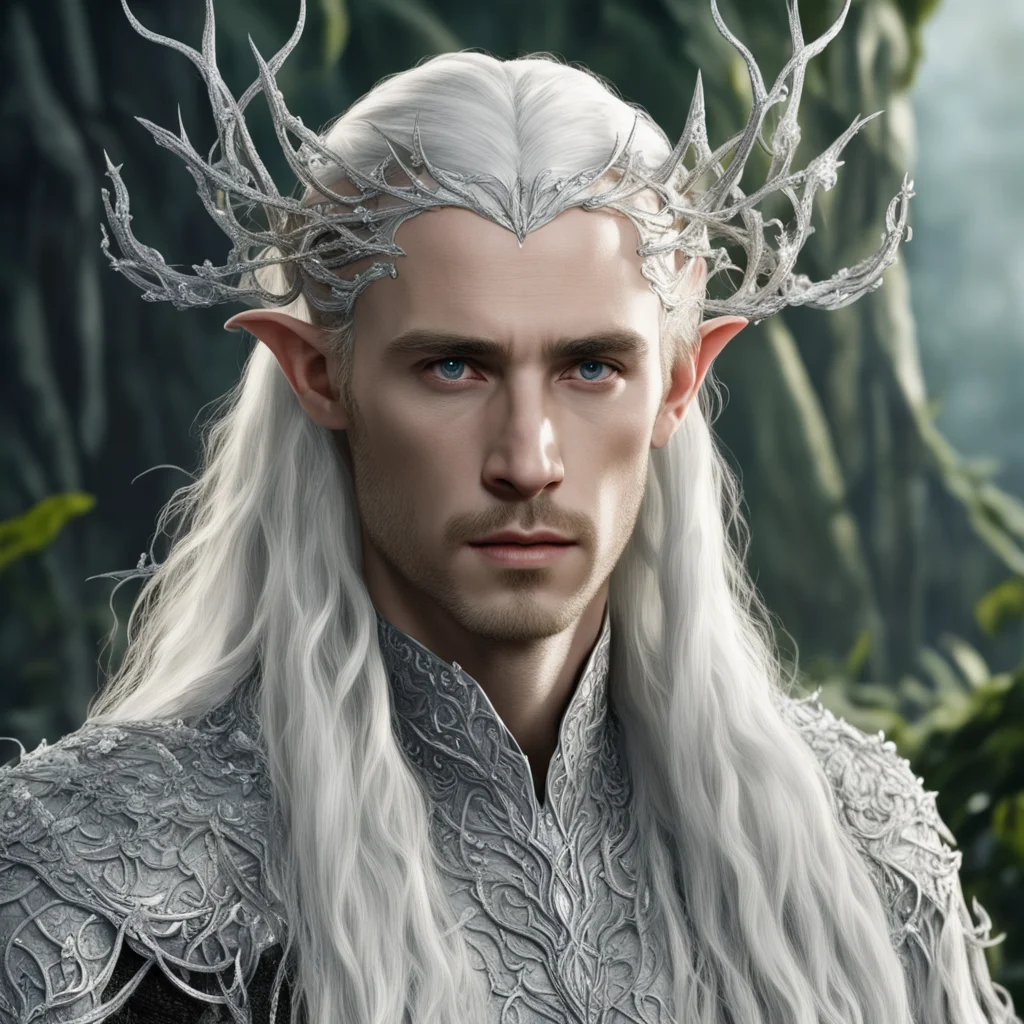 tolkien king thranduil with blonde hair and braids wearing silver vines encrusted with diamonds with clusters of diamonds forming a silver serpentine elvish circlet with large center diamond  good l