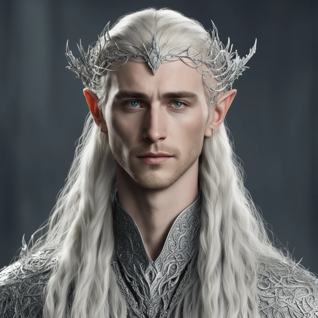 aitolkien king thranduil with blonde hair and braids wearing silver vines encrusted with diamonds with clusters of diamonds forming a silver serpentine elvish circlet with large center diamond 