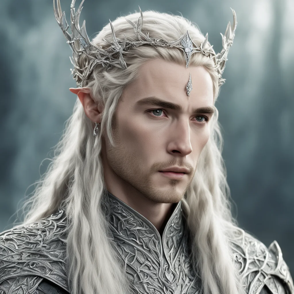 aitolkien king thranduil with blonde hair and braids wearing small silver twigs intertwined to form a silver elvish circlet encrusted with diamonds with large center diamond 