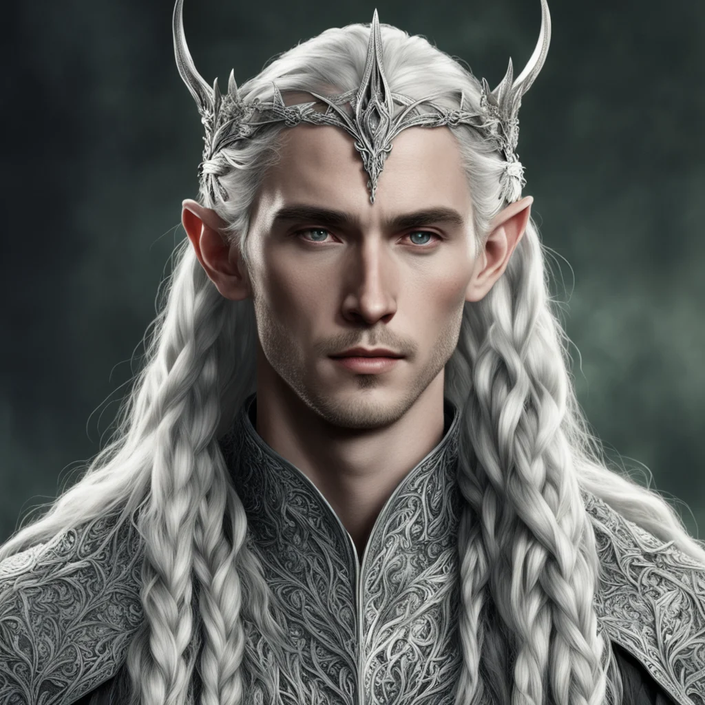 aitolkien king thranduil with braids wearing silver flower elvish circlet encrusted with diamonds