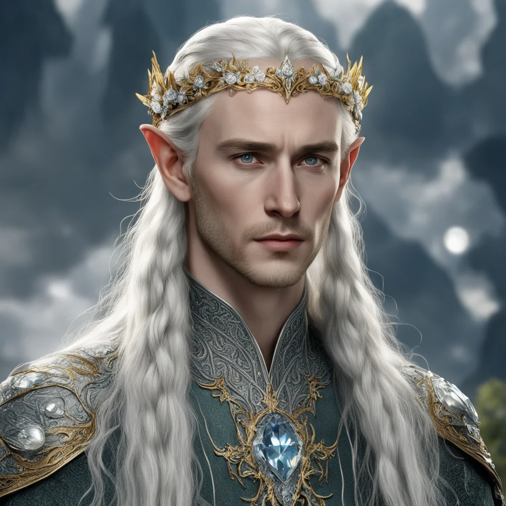 aitolkien king thranduil with golden hair and braids wearing flowers of silver encrusted with diamonds connected to small silver elvish circlet with large center diamond 
