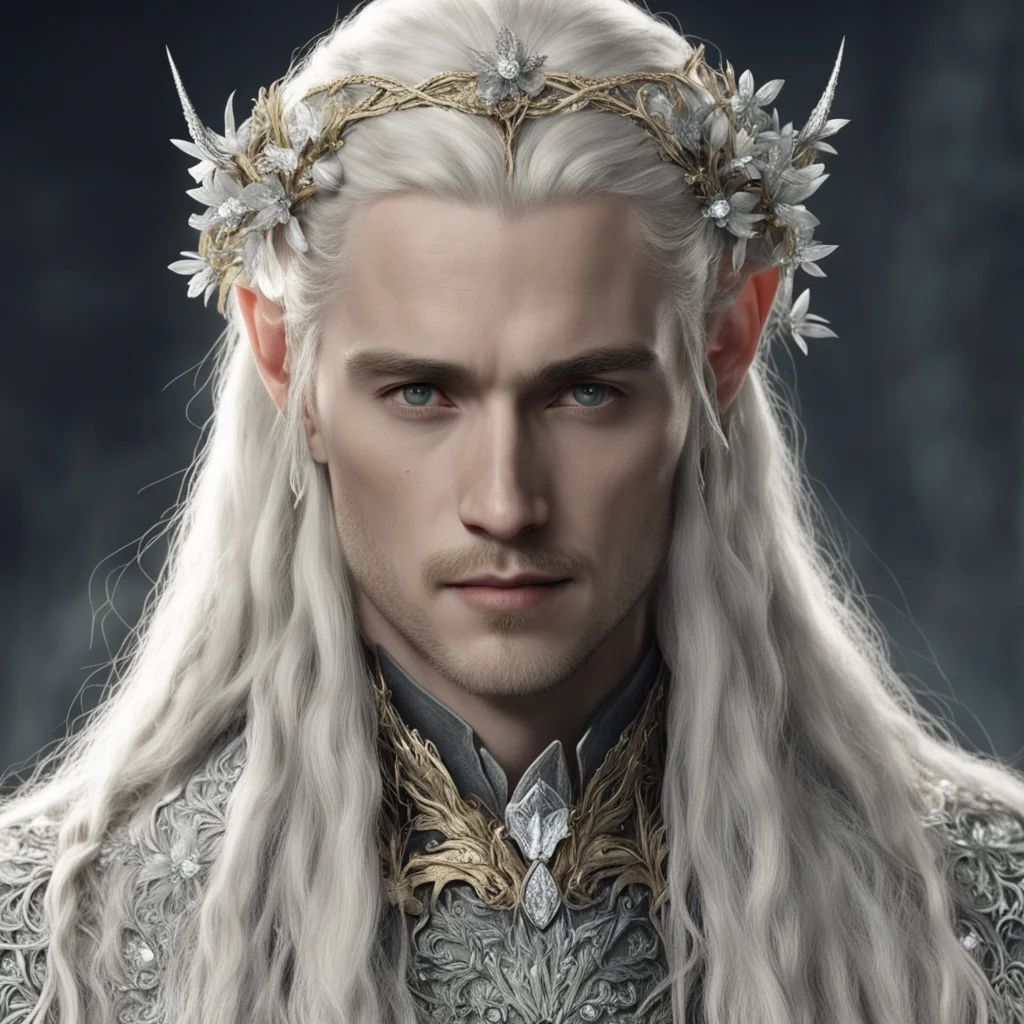 tolkien king thranduil with golden hair and braids wearing silvery flowers encrusted with diamonds in the shape of silver elvish circlet with large center diamond  amazing awesome portrait 2